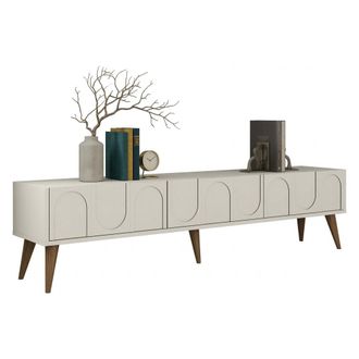 Dmora Mueble Tv Scafa, 3 Puertas Abatibles, 3 Compartimentos, 180x35x44h Cm Blanco Crema