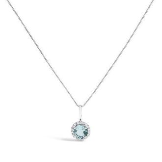House of Brilliance 10K Gold Gemstone and 1/10 Cttw Diamond Accent Halo Pendant Necklace in White | Blue Aquamarine at Nordstrom