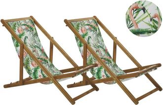 Beliani Set of 2 Folding Deck Chairs ANZIO with Replacement Fabrics Animal Motif Acacia Wood Light Brown