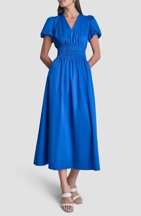 DKNY V-Neck Smocked Midi Dress in Cobalt at Nordstrom, Size X-Small