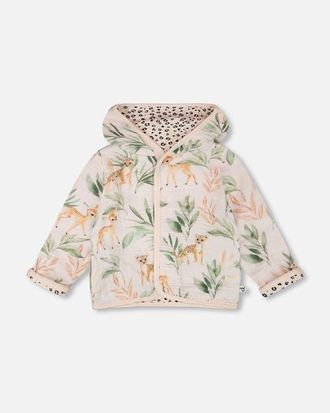 Deux par Deux Muslin and Organic Cotton Jersey Reversible Deer and Leopard Printed Hooded Jacket in Peach Deer Print at Nordstrom, Size 3M