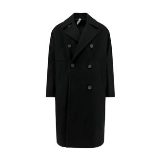 Hevò Double-Breasted Coats, male, Black, Size: XL Black Double-Breasted Coat with Notched Lapels
