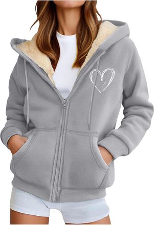 Generic Fleece Zipped Hoodies for Women UK Heart Print Ladies Hoodies Oversized Zip Up Hoodie Women Casual Fall Winter Sweatshirts with Pockets, Fashion Jacke