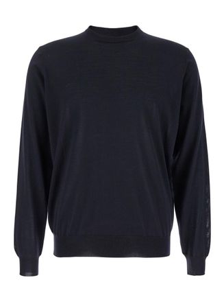 Plaîn Blue Crewneck Sweater With Ribbed Trims In Wool Man