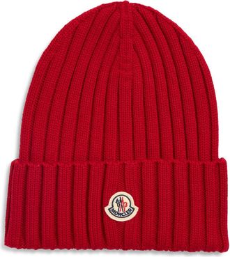 Moncler Logo Patch Rib Wool Beanie in Fire Red at Nordstrom