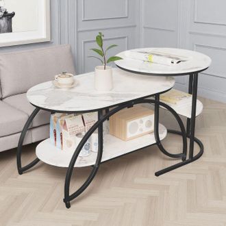 OEM Mesa Baja De Sal&oacute;n, Con Tapa Blanca Y Patas Negras, Mesa Baja De M&aacute;rmol, Mesa Baja Moderna, Lote De 2