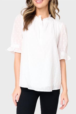 Gibsonlook Dianthus Henley Puff Sleeve Sheer Dot Blouse In White Dot