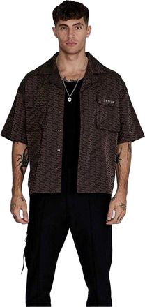 Siksilk Herenoverhemd met korte mouwen, geometrisch patroon en relaxte pasvorm (Bruin)