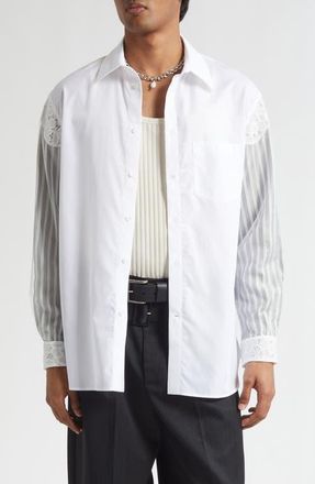 Simone Rocha Lace Trim Mixed Media Button-Up Shirt in Nude/White at Nordstrom, Size X-Large