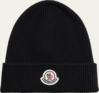 Moncler Mens Ribbed Wool Logo Beanie Hat