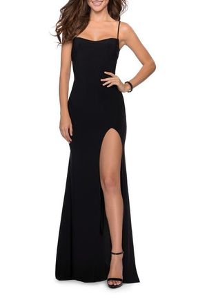 La Femme Chic Jersey Dress with Intricate Lace Up Back in Black at Nordstrom, Size 10