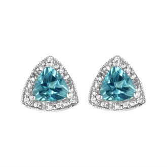 House of Brilliance 925 Sterling Silver 6x6 mm Trillion Cut Blue Topaz Gemstone and Diamond Accent Stud Earring