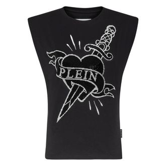 Philipp Plein Tops, Dames, Zwart, L, Katoen, Shoulder Pads Tank Top Love
