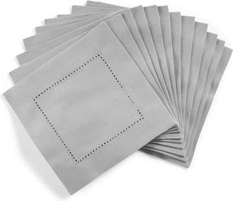 Solino Home Cotton Linen Hemstitch Cocktail Napkins Set of 12, 6 x 6 Inch for Dining Table, Holiday and Everyday Table Decor in Light Grey at
