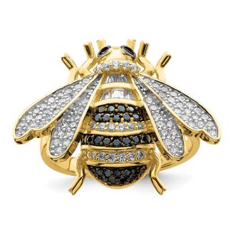 Diamond2Deal Sterling Silver Blk/White RH-plated Gold Tone Cubic Zirconia Bumblebee Ring