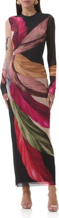 AFRM Didi Printed Long Sleeve Mesh Maxi Dress in Feather Fan at Nordstrom, Size X-Large