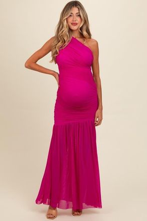 Pinkblush Ruched Mesh One Shoulder Maxi Dress in Magenta at Nordstrom, Size Medium