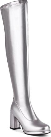 Generic Womens Fashion Stretch Over The Knee High Boots with Thick Block Heel and Side Zipper Design for Ultimate Comfort and Style (Silver, 6.5)