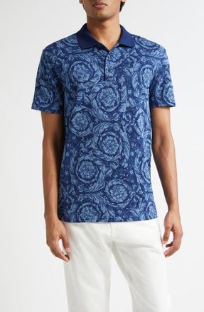 Versace Barocco Jacquard Cotton Piqué Polo in Ink Celeste at Nordstrom, Size Xxx-Large