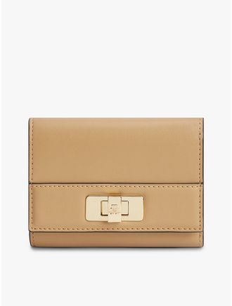 Tommy Hilfiger Womens Monogram Turnlock Trifold Wallet - Beige