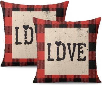 OEM Fundas De Coj&iacute;n Para El D&iacute;a De San Valent&iacute;n Con Estampado De Cuadros Rojos Y Rayas Negras, 40 X 40 Cm, Juego De 2 Piezas, Material De Lino, Adecuadas 