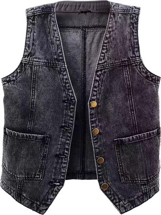 Generic Womens Denim Waistcoat Sleeveless Denim Vest V Neck Button Down Waistcoat Jacket Sleeveless Denim Jacket