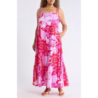 Sugarlips Barba Tropical Print Sleeveless Maxi Dress in Red-White at Nordstrom, Size 2X