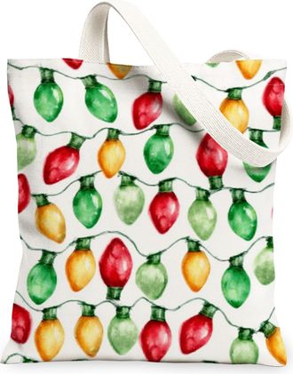 Generic Vintage Festive Canvas Tote Bags, Colorful Light Bulb Pattern Reusable Grocery Bags, Holiday Lightweight Washable Shoulder, White, 13x15 Inch