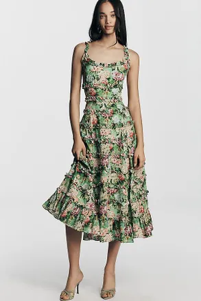 Mac Duggal Floral Square-Neck Ruffle Cotton Midi Dress