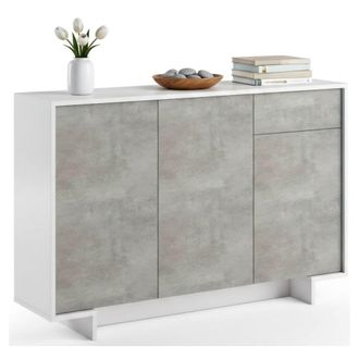 Dmora Aparador Aneto, Aparador De Sal&oacute;n, Buffet De Sal&oacute;n Con 3 Puertas Y 1 Caj&oacute;n, 100% Made In Italy, 134x35h87 Cm, Blanco Y Cemento, Con Embalaje Reforzado