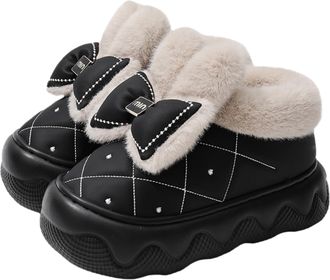 Generic Womens Winter Slippers,Platform Height-Increasing Slippers, Winter Warm Bow-Tie Home & Outdoor Slippers (Black, Shoe Size, Adult, Women, 6, Numeric Ra