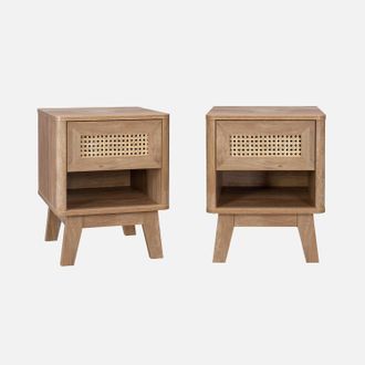 Sweeek Sweeek - Mesita De Noche Efecto Madera Y Ca&ntilde;a, Set De 2, Mani, Natural, 39x39x49 Cm