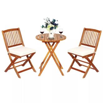 Costway Costway 3 PCS Outdoor Folding Bistro Set Home Garden Chair & Table Set W/ Cushions in Natural