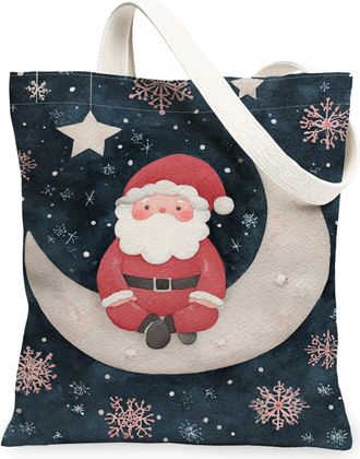 Generic Santa Moon Canvas Tote Bags, Holiday Snowflake Pattern Reusable Shopping Bags, Cute Festive Lightweight Washable Shoulder Strap Canvas for Christmas T
