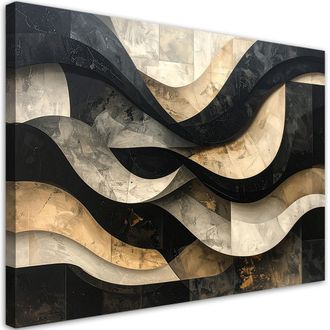 Feeby Cuadro En Lienzo, Abstracci&oacute;n 3d Negro Y Dorado, 120x80