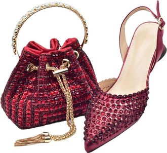 Generic Womens Shoes and Bags Match Set Sparkly Full Rhinestone Handbag Pointed Toe Thick Heel Shoes for Party Wedding