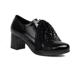 Generic Womens Block Heel Pumps Patent Glossy Upper Lace Tie Detail Round Toe Chunky Heel Slip On Decorative Laces Cushioned Insole Durable Sole Stylish Dress