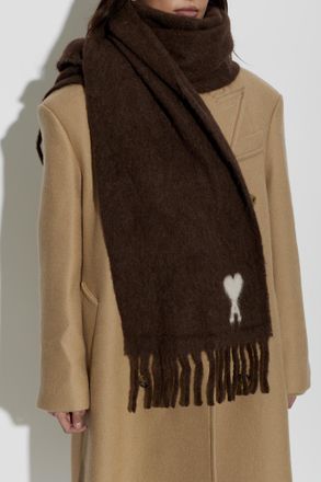 Ami Wool Scarf With Logo, Unisex, Brown