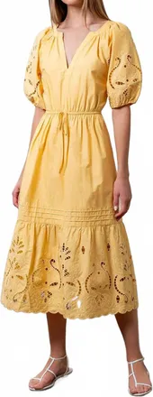 Moon River Eyelet Midi Dress In Light Yellow