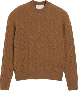 Ami Classic Cable Knit Sweater with Crew Neckline and Ribbed Details