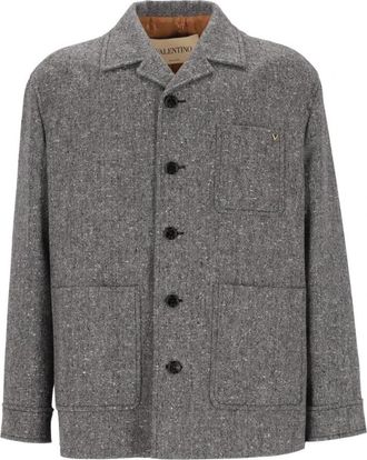 Valentino Garavani Shirt Jacket in Boutonn&eacute; Wool - Heren - Zomerjassen - Grijs - M - Wol - Jassen