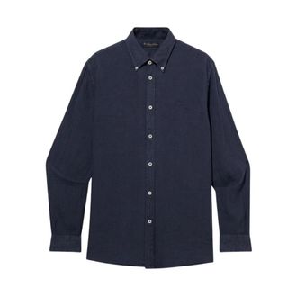 Brooks Brothers Slim Fit Linnen Overhemd met Button Down Kraag - Heren - Casual Overhemden - Blauw - XL - Linnen - Overhemden