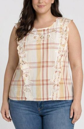 Liverpool L.A. Embroidered Plaid Top in Gold Mauve Mlt at Nordstrom, Size 2X