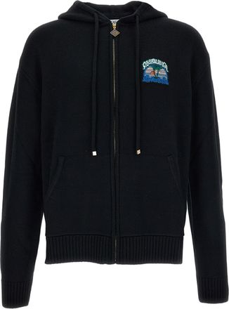 Casablanca Zip-Up Knit Hoodie with Jacquard Palm Tree Motif