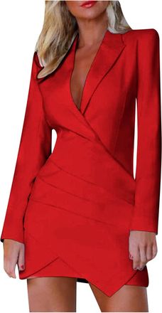 Generic Womens Solid Lapel Blazer Suit Dress: Long Sleeve Elegant Coat V Neck Ruched Dress Casual Plus Size Work Wear Business Office Formal Outwear Suits Ope