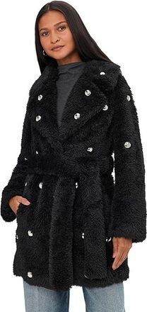 Avec Les Filles Embellished Faux Fur Belted Coat Womens Coat Black/Silver Studded : SM, Faux Fur/Polyester