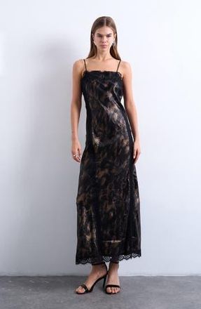 Topshop Lace Trim Satin Maxi Dress in Silver Black Print at Nordstrom Rack, Size 12 Us (Fits Like 14)