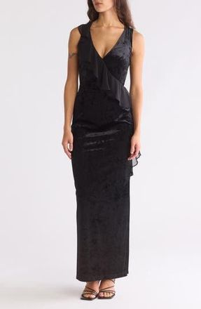 Connected Ruffle Neck V-Neck Velvet Dress in Black at Nordstrom Rack, Size 14