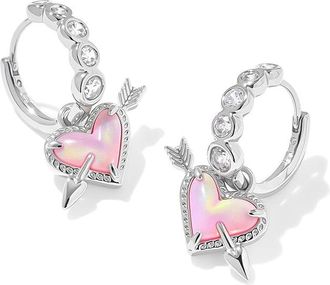 Kendra Scott Ari Heart Arrow Huggie Womens Earrings Earring Silver Pink Opalescent Resin, Brass/Cubic Zirconia/Rhodium-Plated