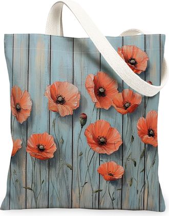 Generic Spring Poppy Flower Canvas Tote Bag for Shopping 13x15, Farmhouse Rustic Florals Reusable Grocery Print Bag for Women, Country Beach Aesthetic Paintin